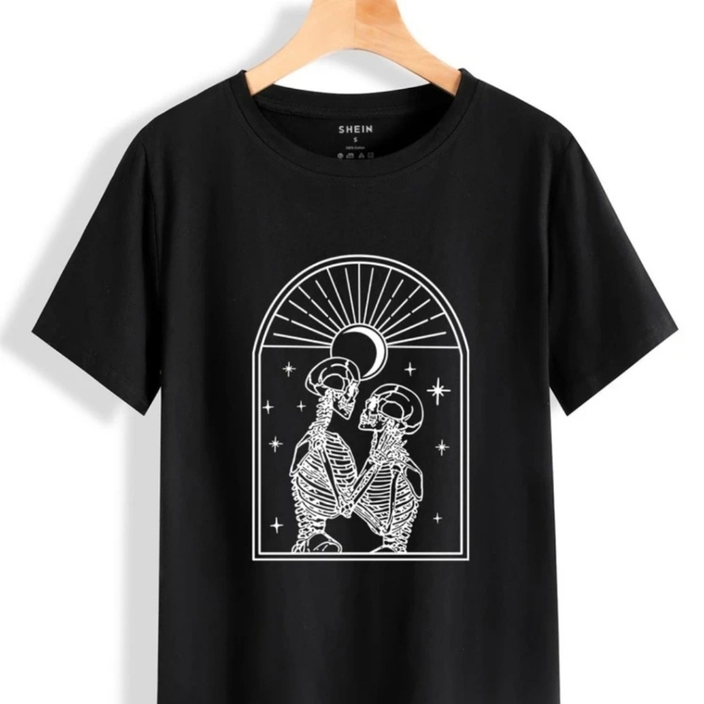 Shein Black Halloween Skeleton Couple T-Shirt Sz S